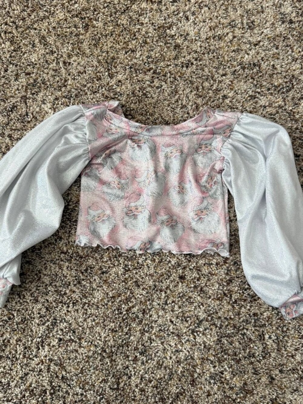 Santa Claus Print Shimmer Puff Long Sleeve Crop Top Pink Silver Festive